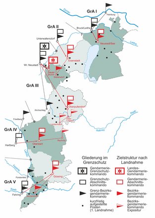 Kommandostruktur der österreichischen Gendarmerie im Grenzschutz vor dem ersten Landnahmeversuch und geplante Zielstruktur nach der Übernahme des Burgenlandes. (Grafik: Jörg Aschenbrenner)