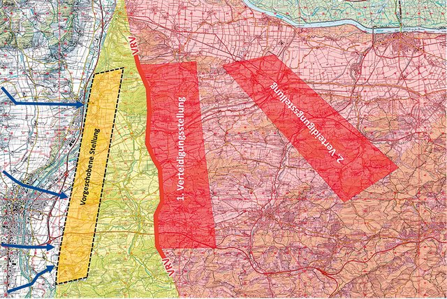 Allgemeine Gefechtsordnung eines Regimentes in der Stellungsverteidigung mit Geländebezug (Faktor Raum). (Grafik: Alexander Baumann, Christopher Stuk)