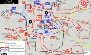 Weiterführung des Angriffes aus dem Westen (1) und Durchbruch aus dem Osten, sowie Einschließung (2) der ukrainischen Kräfte im Frontbogen. (Grafik: Böhm)