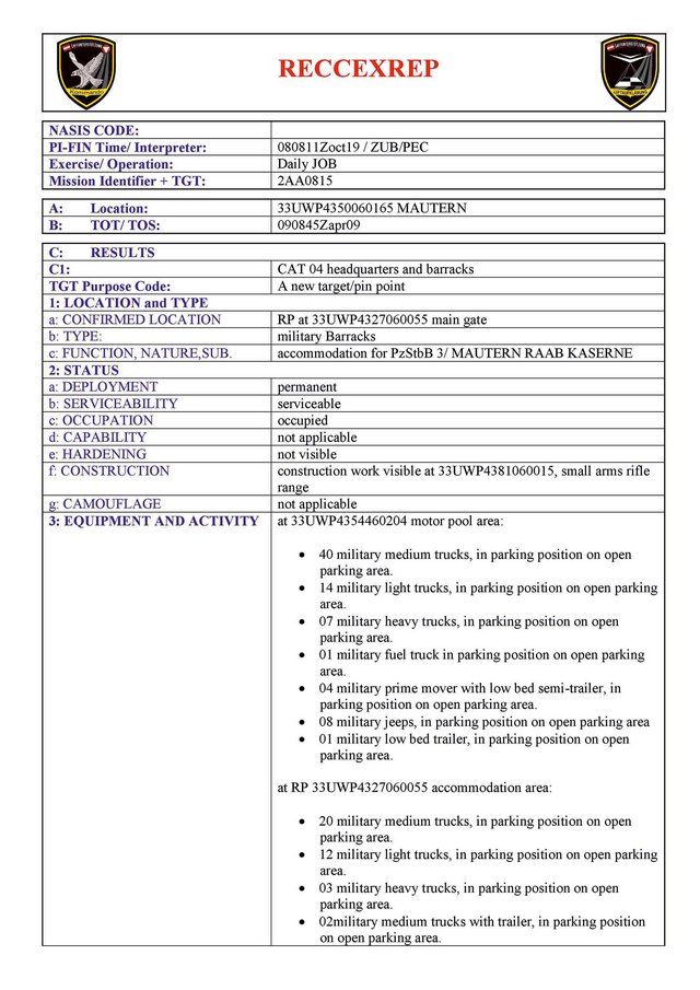 Der Reconnaissance Exploitation Report (RECCEXREP) ist ein Produkt der Luftbildauswertung. Es ist ein geschriebener Standardbericht nach STANAG 3377 und enthält keine Bilder. (Grafik: Bundesheer/Luftaufklärungsstaffel)