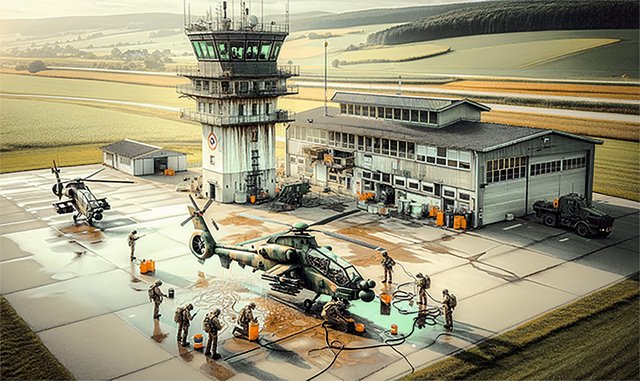 Dekontamination auf dem Airfield Pinkafeld nach einem Granattreffer mit Sarin. (Foto: Olivier Foissy/KI-generiert)