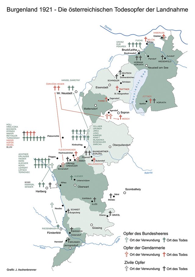 Karte der österreichischen Todesopfer der Landnahme des Burgenlandes 1921. (Karte: Jörg Aschenbrenner)