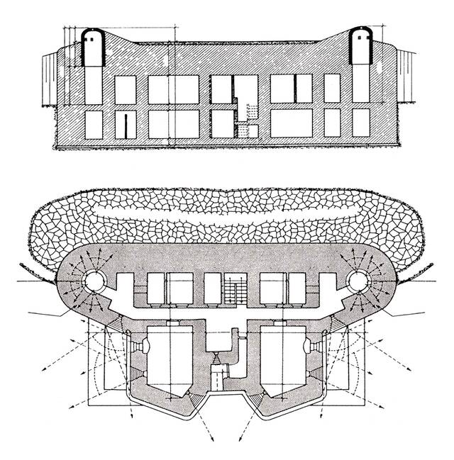 Das Standardmodell eines schweren Bunkers als Schnittmodell mit dem Erd- und dem Untergeschoss in der Seitenansicht (oben) und im Grundriss (unten). (Grafik: gemeinfrei/Montage Rizzardi)