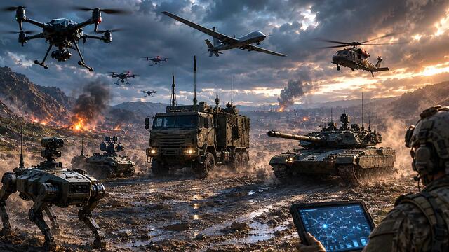 KI-generierte Darstellung: Moderne Kriegsführung in dramatischer Szenerie