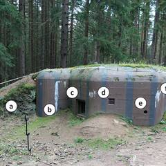 Teile eines MG-Bunkers von außen: Feindseitiger Erdwall mit Zerschellerschicht (a), verlängerte Stirnseite (b), MG-Scharte (c), Lüftungsöffnung (d), Handgranatenschacht (e), Eingangsbereich (f) und Haken für Tarnnetze (g). (Foto: RedTD/Gerold Keusch)