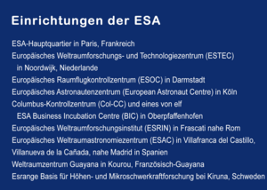 Die Einrichtungen der ESA im Überblick. 