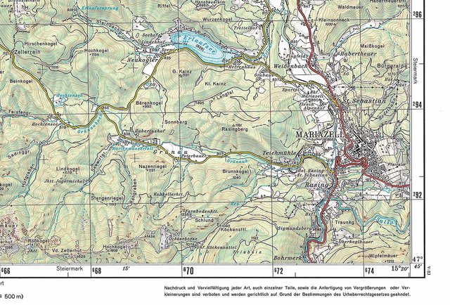 ÖMK50 M1987/1989: Kartenausschnitt aus der Österreichischen Militärkarte 6810/78 Mariazell, herausgegeben vom BEV 1983, Ausführung Bundesmeldenetz. (Karte: Bundesamt für Eich- und Vermessungswesen)