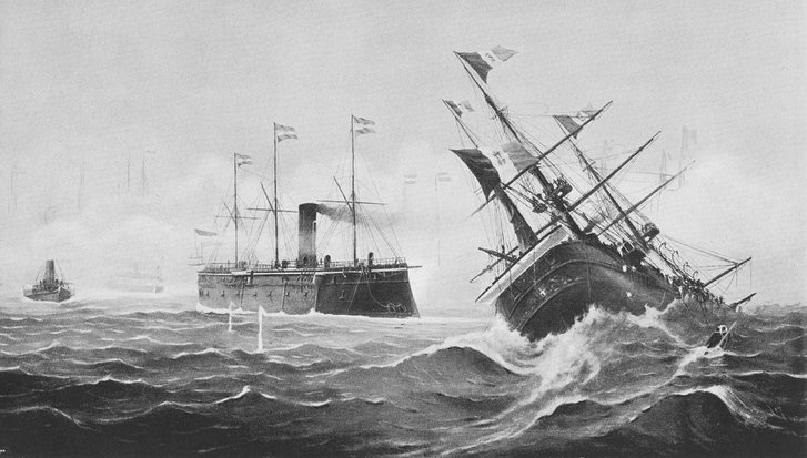 Das italienische Flaggschiff Re d'Italia sinkt, nachdem es von der Erzherzog Ferdinand Max, dem Flaggschiff Tegetthoffs, gerammt wurden. (Gemälde: Kappler)