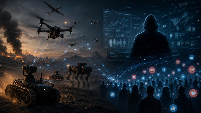 Darstellung einer KI-generierten Kriegsmatrix: digitale Kriegsführung und Kontrolle