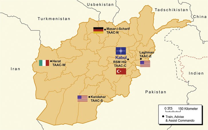 Die Karte zeigt die fünf Train, Advise & Assist Commands in Afghanistan mit dem jeweiligen nationalen Kommandanten. (Grafik: Rizzardi nach NATO-Vorlagen).