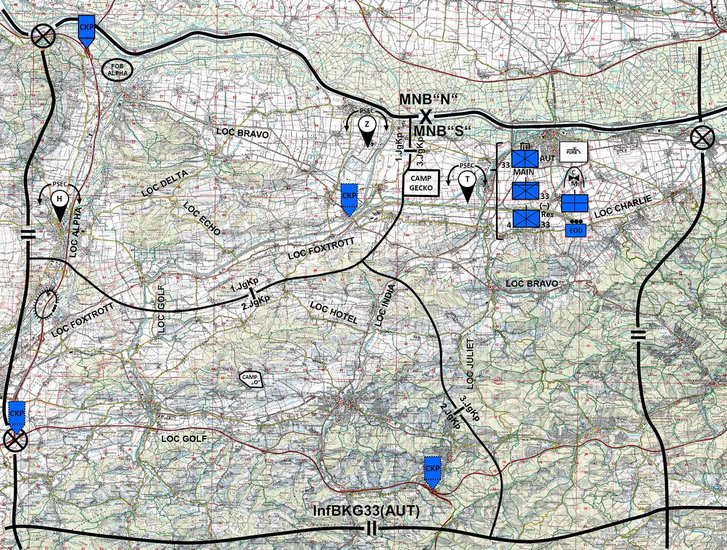 Die (AUT)InfBKG33 ist ein kleiner Verband der EUFOR-Eingreiftruppe der multinationalen Brigade "SOUTH" (MNB"S"). (Grafik: Gerald Luger)