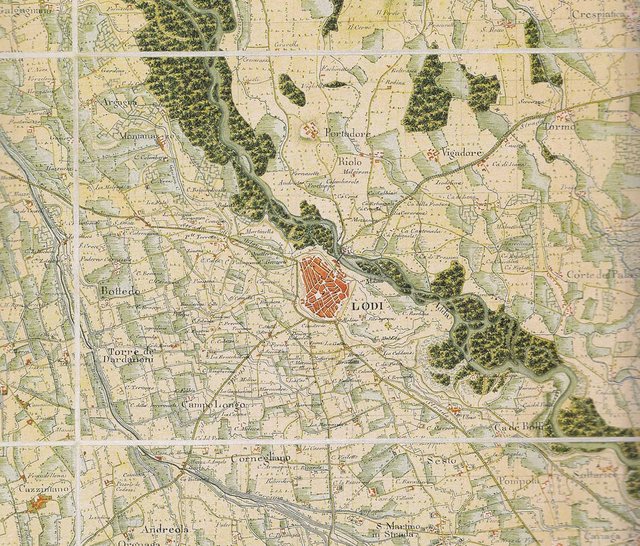 ÖMK50 M1824: Kartenausschnitt Lodi aus der Umgebungskarte von Mailand 1:50 000, herausgegeben vom Militärgeographischen Institut Mailand im Jahr 1824 als handkolorierter Kupferstich. (Karte: Bundesamt für Eich- und Vermessungswesen)