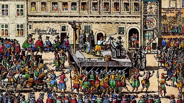 Zeitgenössische Darstellung der Hinrichtung protestantischer böhmischer Rebellen, 1621. (Grafik: unbekannt/gemeinfrei)