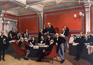 Im Stadthaus von Genf wird 1864 die erste Genfer Konvention unterzeichnet. (Gemälde von Edouard Armond-Dumaresq, gemeinfrei)