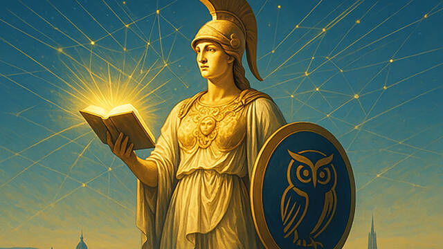 Die Statue Europa, geschützt durch ein Armschild, hält ein Buch in der Hand, aus dem Licht ihr Gesicht erstrahlt. (Grafik: KI-generiert mit DALL-E)