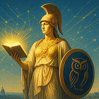 Die Statue Europa, geschützt durch ein Armschild, hält ein Buch in der Hand, aus dem Licht ihr Gesicht erstrahlt. (Grafik: KI-generiert mit DALL-E)