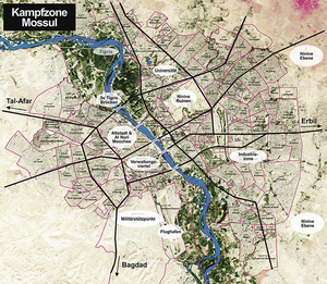 Kampfzone Mossul mit ihren Stadtvierteln. (Grafik: Rizzardi, Hintergrund: Maximilian Dörrbecker (Chumwa), CC BY-SA 3.0) 