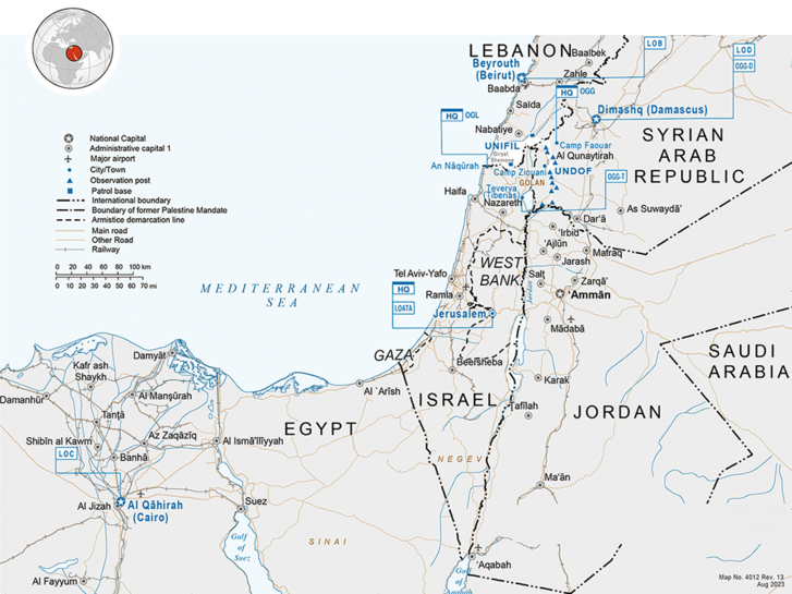 Der Einsatzraum von UNTSO erstreckt sich über Israel, Libanon, Syrien, Jordanien und Ägypten. Das Hauptquartier befindet sich in Jerusalem. (Grafik: United Nations/Geospatial)