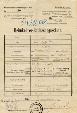 Dieses Dokument bestätigt die Rückkehr eines k.u.k. Soldaten aus der Kriegsgefangenschaft und den Empfang von 56,44 Kronen. (Foto: Franz Enzenhofer/CC BY-SA 3.0)