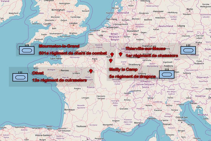 Die Standorte der Garnisonen der französischen Panzertruppe. (Grafik: Open Street Map; Montage: RedTD/Nikischer)