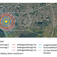 Schadradien und Zonen mit lokalem radioaktivem Niederschlag am Beispiel Korneuburg durch eine 2-kt-Detonation. (Grafik: Michael Schrenk)