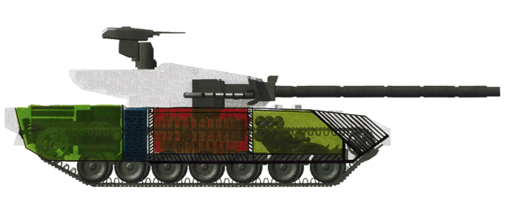 Schnitt durch den neuen russischen Kampfpanzer T-14 "Armata" (2015); das Bild zeigt die klare Aufteilung und Trennung der Nutzräume. (Grafik: Archiv Hilmes)