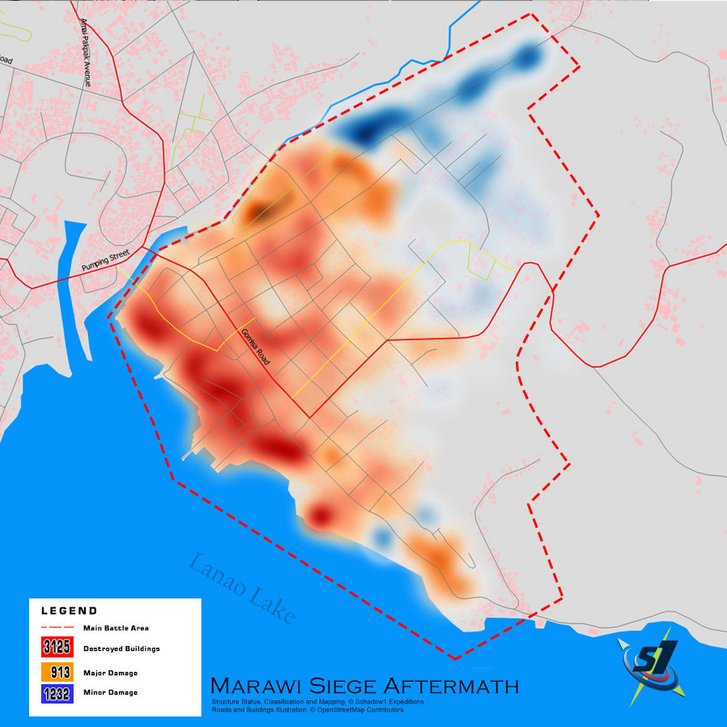 Struktur der Stadt sowie Grad der Zerstörung nach der Schlacht um Marawi. (Grafik: Ervin Malicdem/CC BY-SA 4.0)