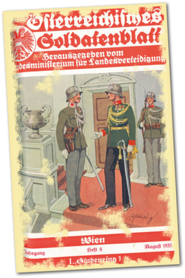 Ein Unteroffizier des Österreichischen Gardebataillons mit Säbel (li.) am Titelbild des Österreichischen Soldatenblattes 1935. (Foto: HGM)