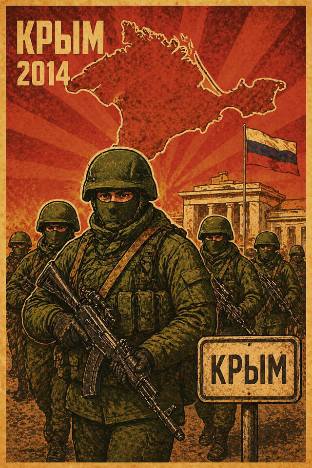 2014 tauchten auf der Krim die (kleinen) Grünen Männchen auf – russische Soldaten, die ohne Kennzeichnung ihrer Zugehörigkeit in die Ukraine marschiert waren. (Symbolbild: KI; ChatGPT/OpenAI)