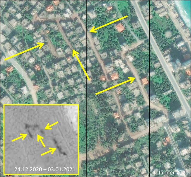 Varosha – Detailanalyse: Verifizierung von bereits erkannten Veränderungen der Vegetation mittels hochauflösender Satellitenbilder. Die Pfeile weisen auf eine Rodung von Bäumen und Gestrüpp entlang von Straßen hin. (Foto: UN)