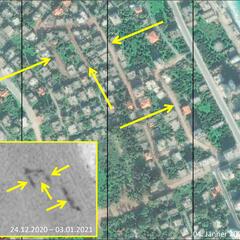 Varosha – Detailanalyse: Verifizierung von bereits erkannten Veränderungen der Vegetation mittels hochauflösender Satellitenbilder. Die Pfeile weisen auf eine Rodung von Bäumen und Gestrüpp entlang von Straßen hin. (Foto: UN)