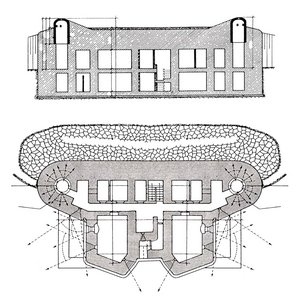 Das Standardmodell eines schweren Bunkers als Schnittmodell mit dem Erd- und dem Untergeschoss in der Seitenansicht (oben) und im Grundriss (unten). (Grafik: gemeinfrei/Montage Rizzardi)