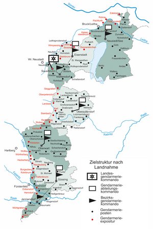 Geplante Gendarmeriedienststellen nach der Übernahme des Burgenlandes. (Grafik: Jörg Aschenbrenner)