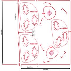 Aufbau der Gefechtsordnung eines Bataillons in der Stellungsverteidigung (Faktoren Raum und Kraft). (Grafik: Alexander Baumann, Christopher Stuk)