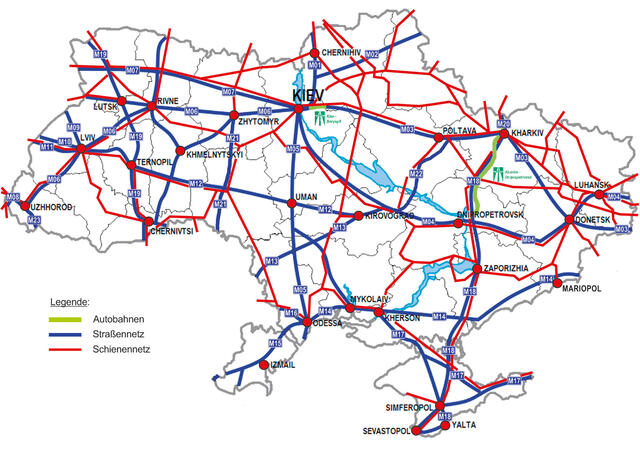 Das Eisenbahnnetz und das höherrangige Straßennetz der Ukraine. (Grafik: Gneseser1900; gemeinfrei; Montage: RedTD/H.P. Luigi Rizzardi)