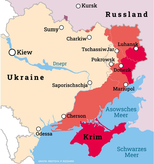 Die militärische Situation im Ukraine-Krieg im Mai 2025 mit den von Russland kontrollierten Gebieten. (Grafik: Redtd/H. P. Rizzardi)