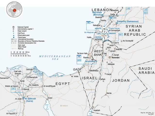 Der Einsatzraum von UNTSO erstreckt sich über Israel, Libanon, Syrien, Jordanien und Ägypten. Das Hauptquartier befindet sich in Jerusalem. (Grafik: United Nations/Geospatial)