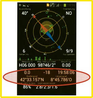 Abb. 3: Navigation Warfare: Wie kann sichergestellt werden, dass PNT-Lösungen den Tatsachen entsprechen und nicht falsche Daten angezeigt werden? Darstellung einer einfachen „GPS-Koordinate“ durch eine App am Handy, als Beispiel für viele kritische Systeme oder Plattformen, die solche Koordinaten weiterverarbeiten. (Foto: Archiv Autor)