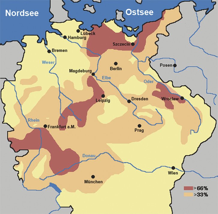 Prozentueller Bevölkerungsrückgang im Zuge des Dreißigjährigen Krieges in den damaligen Gebieten des Heiligen Römischen Reiches. (Foto: Schoolinf3456, gemeinfrei)