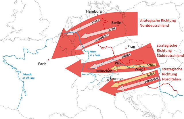 Aus Osteuropa gab es drei mögliche Hauptangriffsrichtungen Richtung Atlantischer Ozean. Zwei davon  hätten österreichisches Staatsgebiet genützt: Ein Angriffsstrang wäre entlang der Donau und  einer südlich der Alpen  verlaufen. (Grafik: Jörg Aschenbrenner)