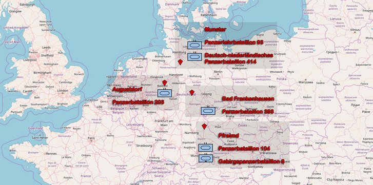 Die Garnisonen der deutschen Panzertruppe. (Foto: OpenStreetMap; RedTD/Nikischer)