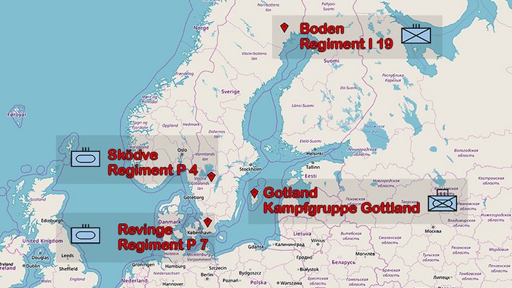 Die Garnisonen der schwedischen Panzertruppe. (Foto: Open Street Map; Montage: RedTD/Nikischer)
