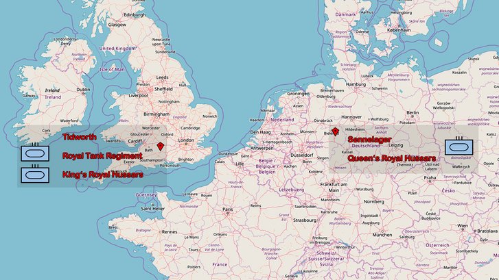 Die Standorte der Garnisonen der britischen Panzertruppe beschränken sich nicht auf England. Auch in Deutschland ist ein Regiment stationiert, das jedoch nach Tidworth verlegen soll, wo sich die anderen Panzerregimenter befinden. (Foto: OpenStreetMap; RedTD/Nikischer)