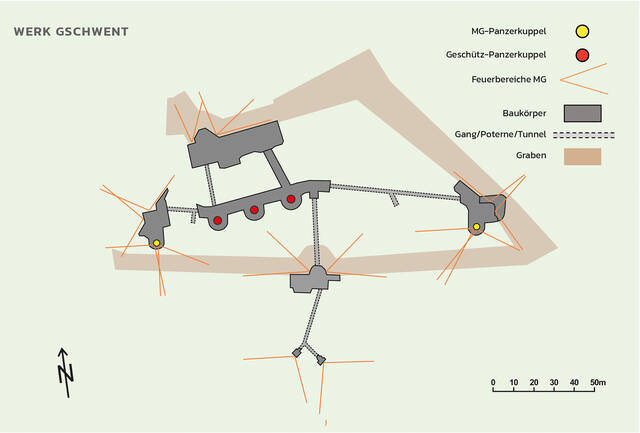 Das Panzerwerk Gschwent. Die Anlage war zur Rundumverteidigung eingerichtet. Nahkampfanlagen waren abgesetzt errichtet. (Grafik: RedTD/H.P. Rizzardi nach Rolf Hentzschel)