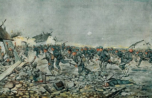 Der österreichisch-ungarische Generalstabschef Franz Conrad von Hötzendorf hatte aus den Erfahrungen des Burenkrieges in Südafrika den Schluss gezogen, „… dass sich der Angriff als alternativlos erwiesen habe und es eben darauf ankomme, den Schwung der Attacke auch gegen heftiges Abwehrfeuer zu behaupten“. Die Konsequenz: Österreichisch-ungarische Infanterie stürmt im Herbst 1914 tapfer gegen feindliche Stellungen – ein wenig erfolgreiches Unterfangen, das hohe Opfer forderte. (Bild: R.A. HÖGER)