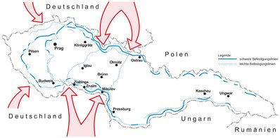 Die beurteilten Richtungen eines deutschen Angriffes auf die Tschechoslowakei und die (geplanten) Linien der tschechoslowakischen Landesbefestigung. (Grafik: RedTD/Rizzardi)