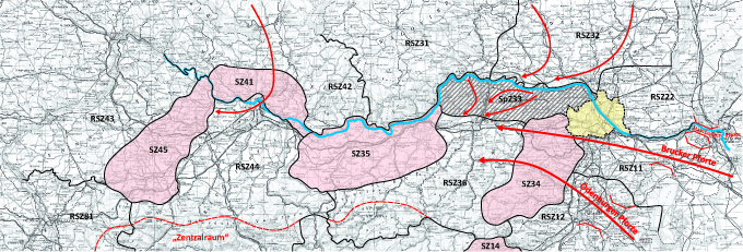 Das Raumverteidigungskonzept im Donauraum. Die Zonengliederung entspricht dem Stand von 1981  (Grafik: Aschenbrenner, Kartengrundlage ÖMK500).