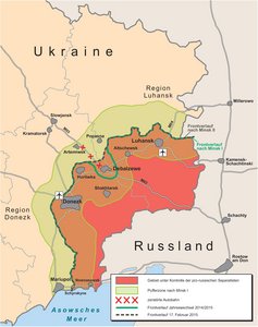 Die Front verläuft zum Jahreswechsel 2014/15 südlich der Stadt Debalzewe. Debalzewe ist eine wichtige Drehscheibe mit den Autobahnen „M03" und „M04". Die Bewegungslinie im russischen Territorium Millerowo – Kamensk – Schachty ermöglicht das Nachführen, Verschieben und Versorgen von pro-russischen Separatisten aus dem Osten. Nach der Schlacht Ende Februar 2015 verläuft die Front nördlich der Stadt Debalzewe womit die wichtigen Bewegungslinien „M03" und „M04" unter Kontrolle der pro-russischen Separatisten sind. (Grafik: Rizzardi nach Vorgaben Autor)