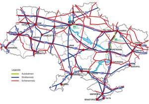 Das Eisenbahnnetz und das höherrangige Straßennetz der Ukraine. (Grafik: Gneseser1900; gemeinfrei; Montage: RedTD/H.P. Luigi Rizzardi)