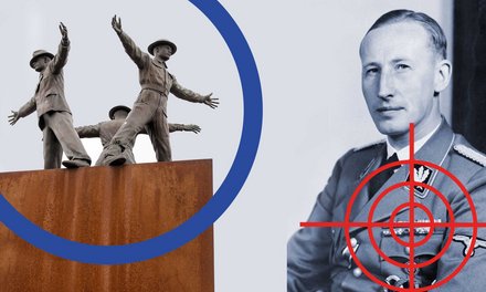 (Foto: Bundesarchiv, Bild 146-1969-054-16/Hoffmann, Heinrich/CC BY-SA 3.0 [Heydrich] und Francisco Peralta Torrejon; CC BY-SA 4.0 [Denkmal]; Montage: Keusch)